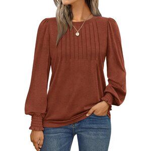 ✨Women Red Long Sleeve Pleated Business Casual Blouses with Smocked Cuffs Shirts